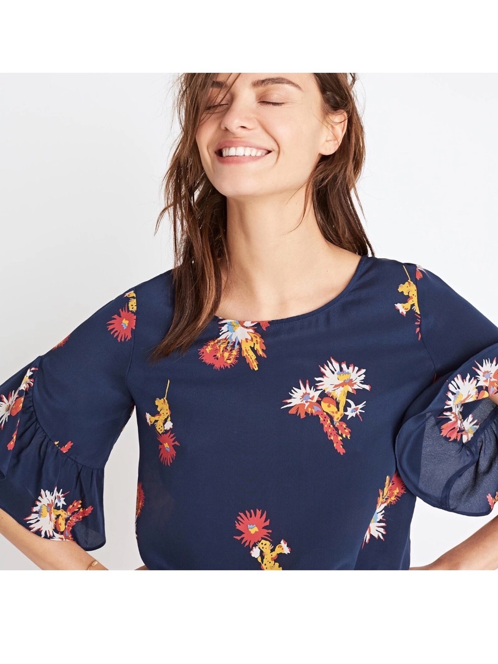 MADEWELL SILK RUFFLE SLEEVE TOP NAVY CACTUS FLOWER MEDIUM